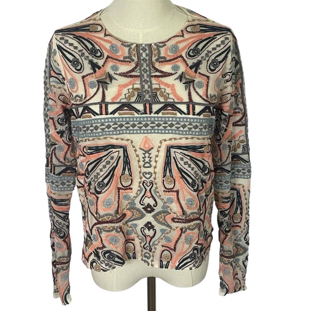 Abercrombie & Fitch Cream Multicolored Embroidered Sheer Top Size M Boho